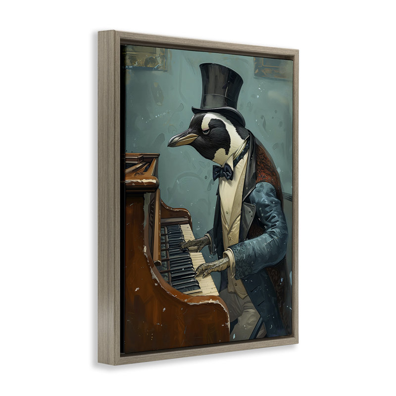 "Piano jouant un pingouin gris", art mural sur toile flottante par Ray Heere, Cadre flottant orme Montalcino