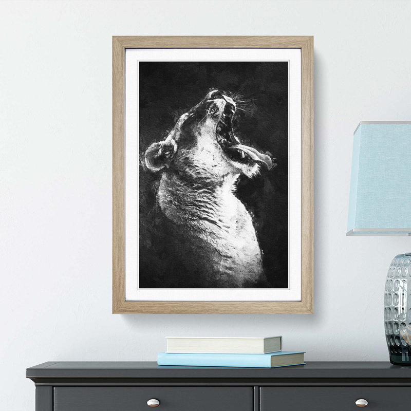 Yawning Lioness - Framed Print, 36cm H x 27cm W x 2cm D, Oak Framed