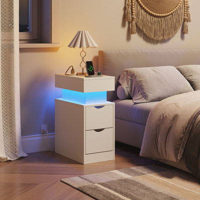Side Table Pedestal End Table with Built-In Outlets