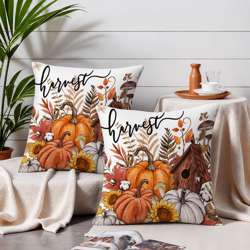 Housses de coussin décoratives en microfibre douce JYK, imprimées recto verso, avec fermeture éclair invisible, idéales pour la décoration intérieure et les cadeaux. 45 x 45 cm, motif citrouille et champignons bruns.