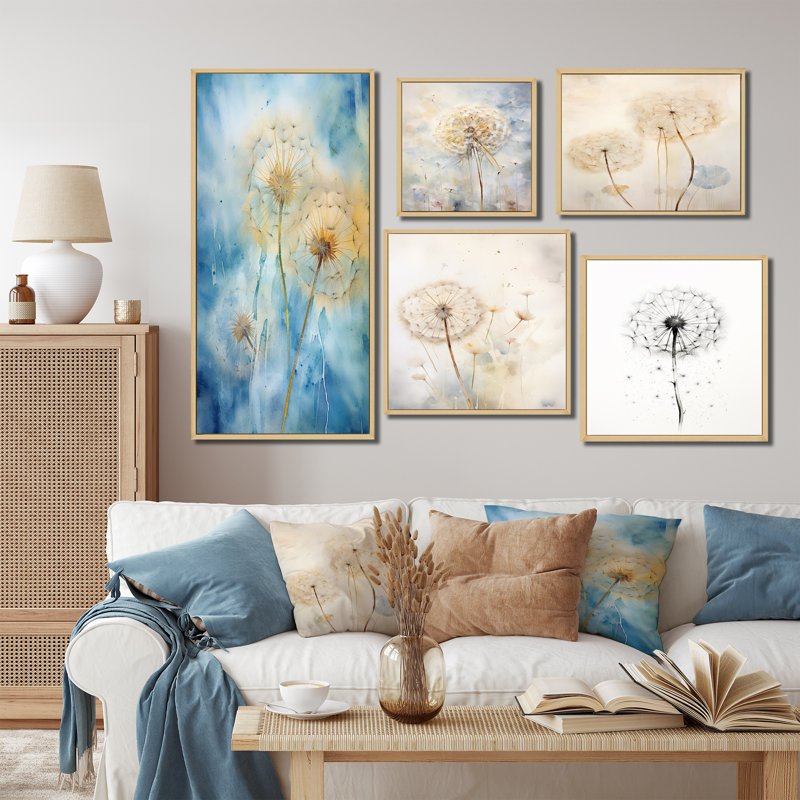 Blue Dandelion Dreams - Pissenlit, ensemble de 5 reproductions d'art sur toile, Cadre flottant noir