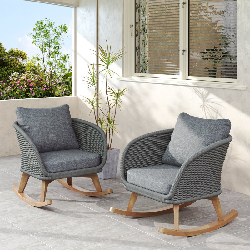 Chaise berçante d'extérieur en osier et rotin, Coussin gris / cadre gris