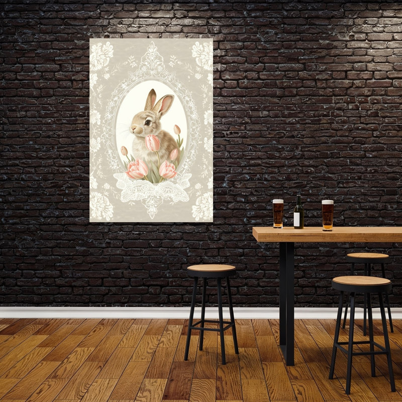«Sweet Bunny with Tulips Elegant Vintage Whimsical Rabbit Tulip Flower Spring», reproduction d'art, H 60 po x l 40 po