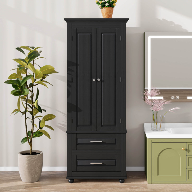 Grande armoire de rangement avec deux tiroirs pour la salle de bain ou le bureau, tablettes réglables, matériau en panneau de fibres à densité moyenne