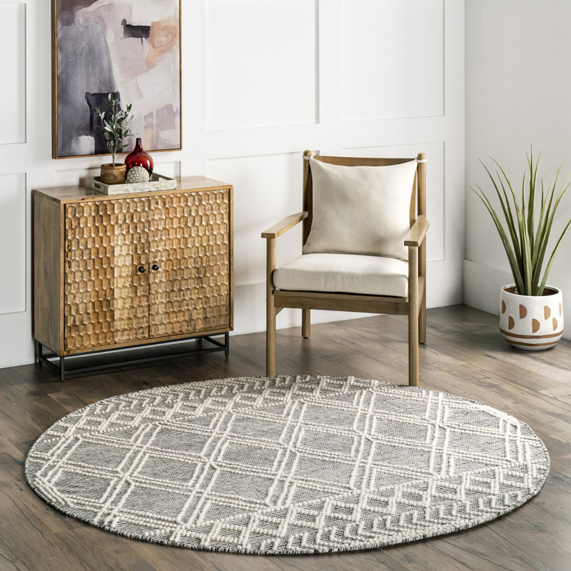 Tapis noir / blanc en laine touffeté à la main Hathorn, Rond 8 pi
