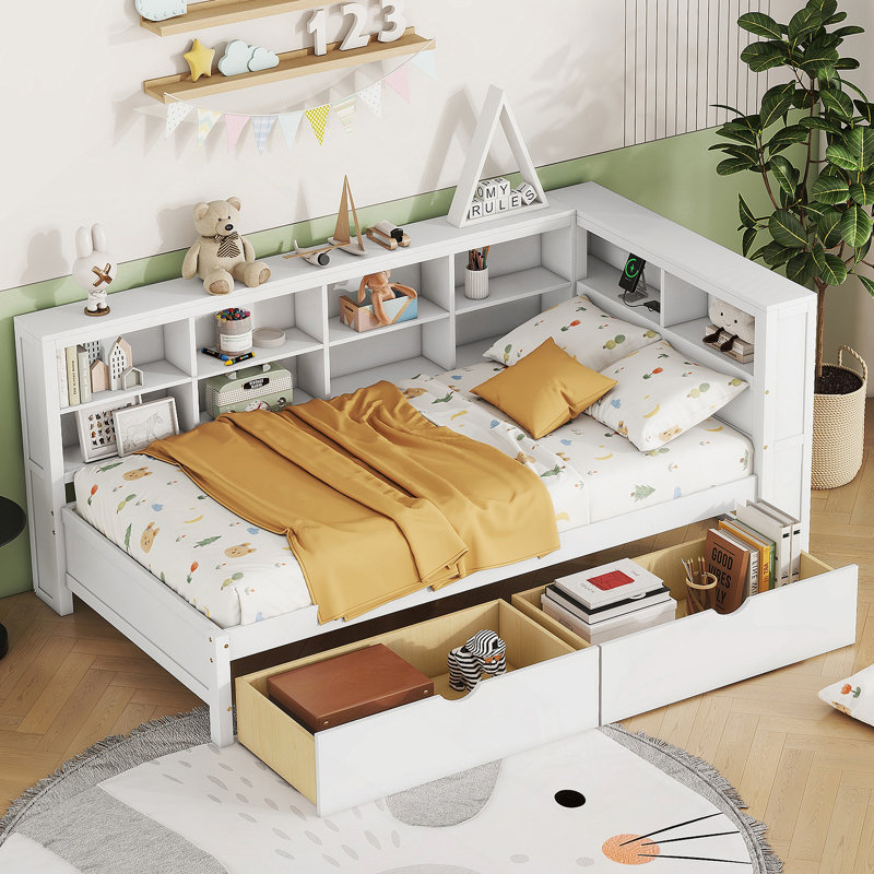 Lit de jour en bois simple avec 2 tiroirs, lit de jour avec tablette de rangement et ports de chargement USB, blanc, Blanc