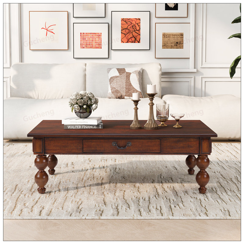 Vintage Rectangular Wooden Coffee Table with Storage, Solid Wood Gourd-Shaped Legs for Elegant Living Room Decor, Walnut