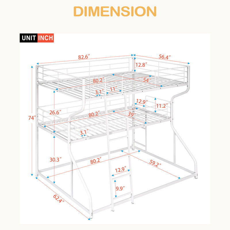 Full XL Over Twin XL Over Queen Size Triple Bunk Bed With Long And Short Ladder, White
