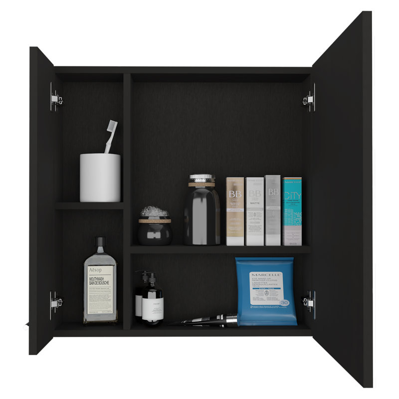 Armoire à pharmacie murale Kenya avec miroir et étagères de rangement intérieures, Noir