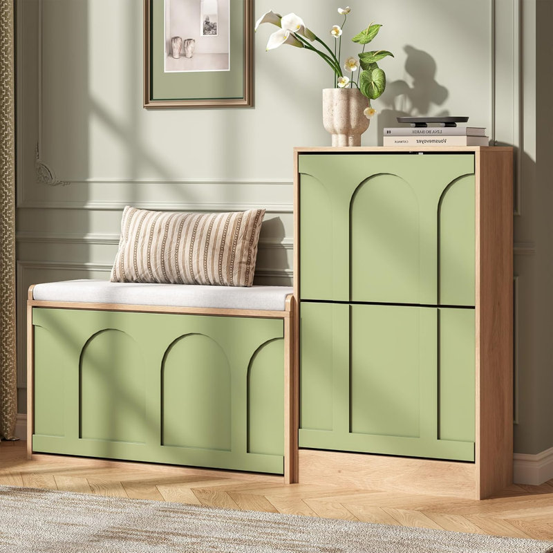 8 Pair Solid Wood Shoe Storage Cabinet, Green&Natural