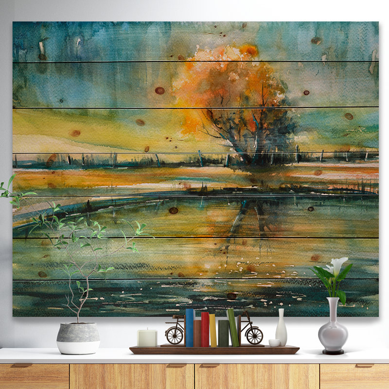 Autumn Lake - Peinture sur bois sans cadre, H 24 po x l 36 po x P 1 po