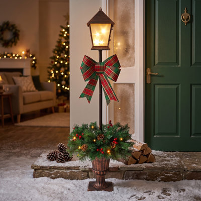 2-Pack Pre-Lit Christmas Lamp Post Decor with Urn Base, Plaid Bow, Pine Cones & Red Berries – Lighted Holiday Accent for Front Porch, Entryway, and Patio