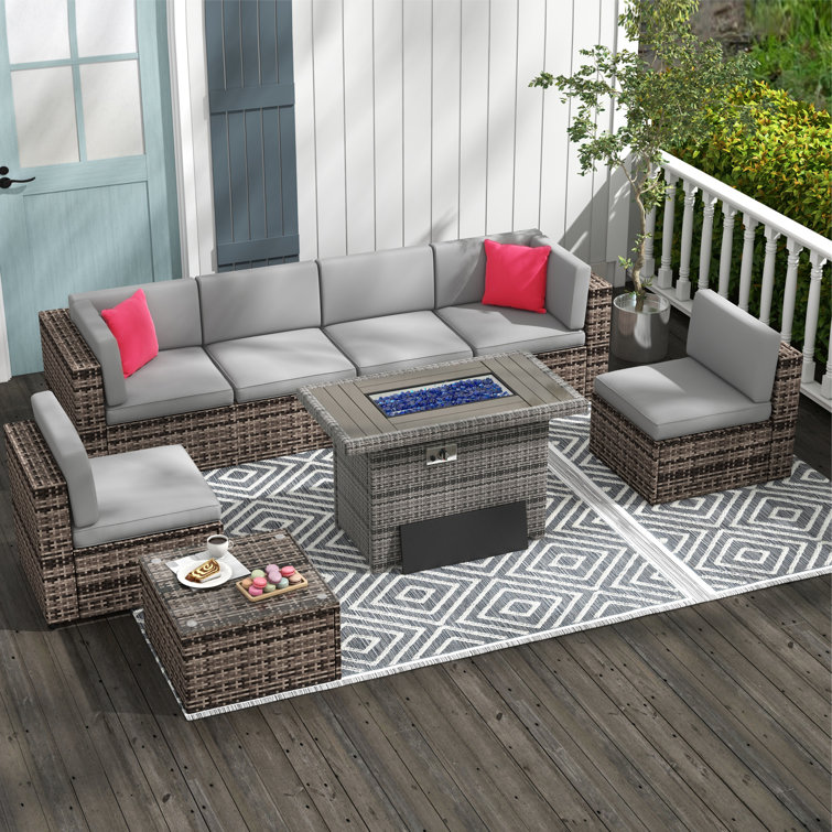6 - Person Outdoor Seating Group with 44 Inch Fireplace Table, Patio Sectional Sofa Set 