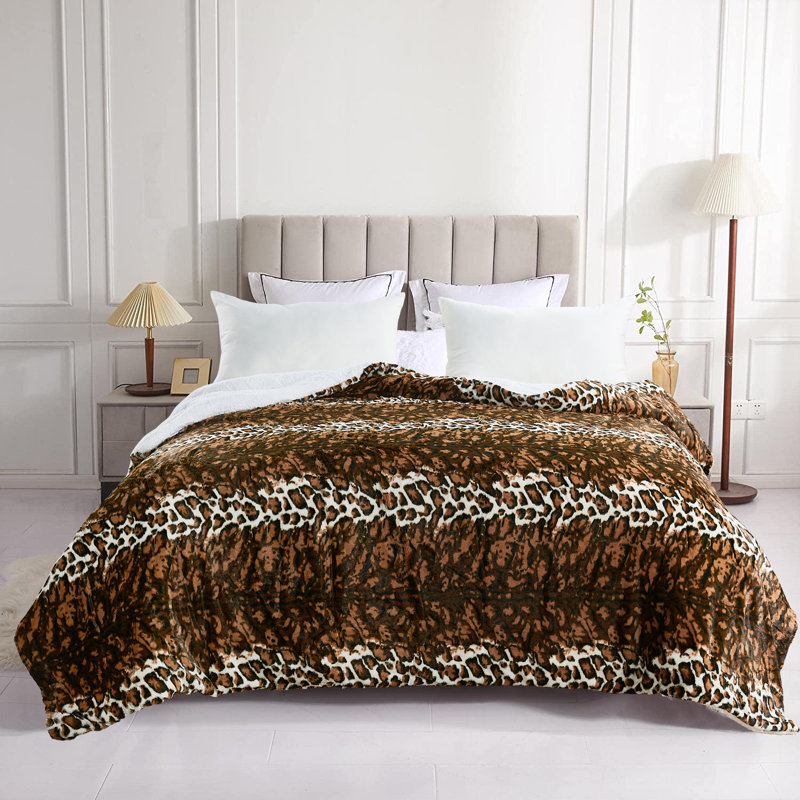 Queen Size Brown Leopard Faux Fur Sherpa Reversible Blanket