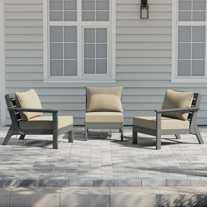 3-Piece Deep Seating Set With Cushions, Beige, Gray