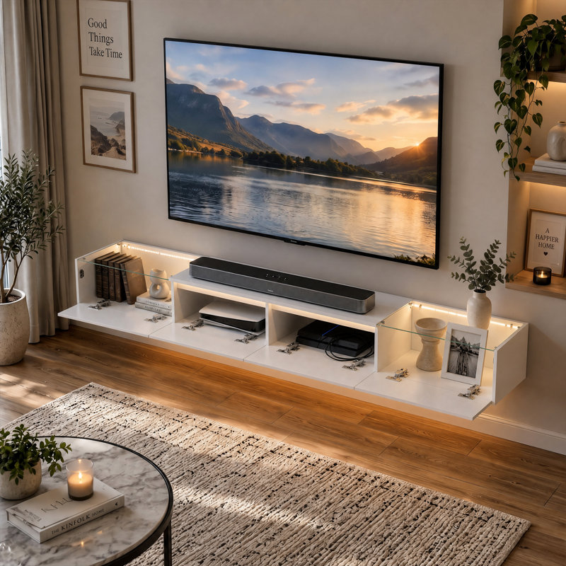 200cm White Floating TV Unit with 4 Flip Doors, Glass Display Ends & 3-Colour LED