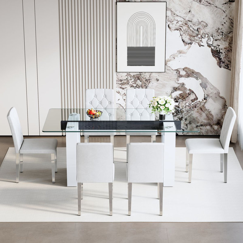 71" Modern Dining Table Set With PU Leather Chairs, Elegant Kitchen Table For Family Meals, White, 7 Pieces: Table, 6 Chairs
