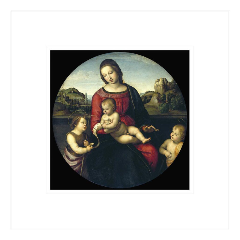 Tondo de la Vierge et de l'enfant avec Jean-Baptiste et un garçon sacré (La Madone Terrranuova) par Raphael, impression giclée encadrée