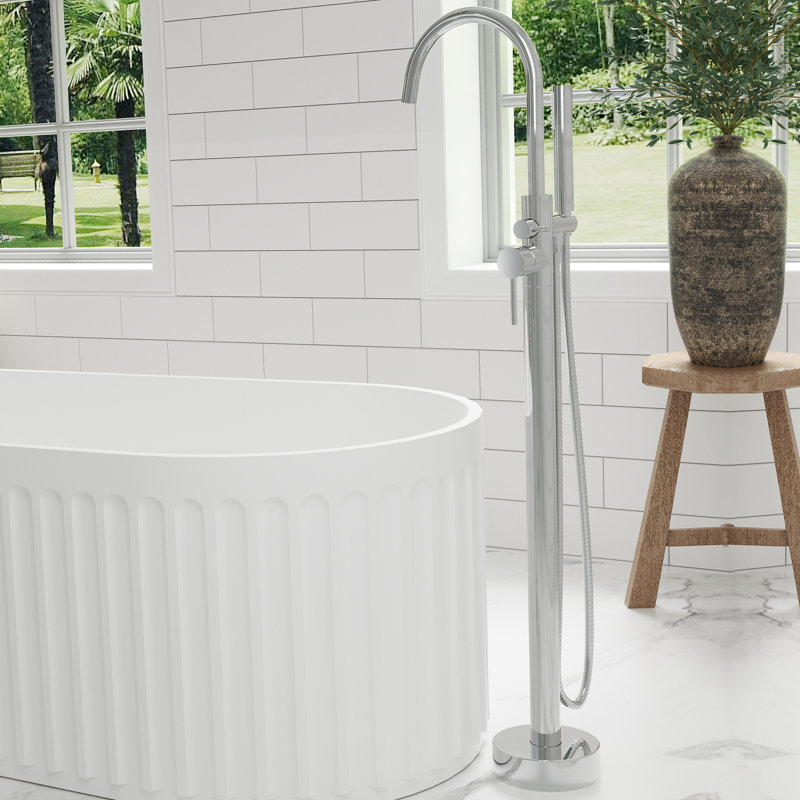 Single Handle Floor Mounted Freestanding Tub Filler with Hand Shower, Chrome