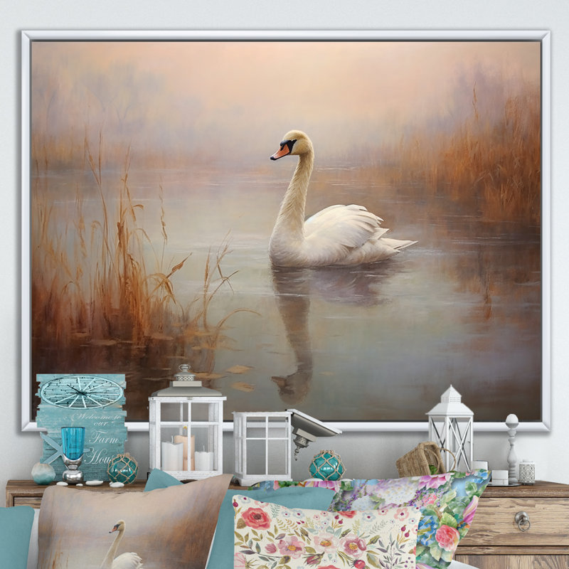Cygne dans la brume III - cygnes, impressions sur toile, H 34 po x l 44 po x P 1,5 po, Cadre flottant blanc