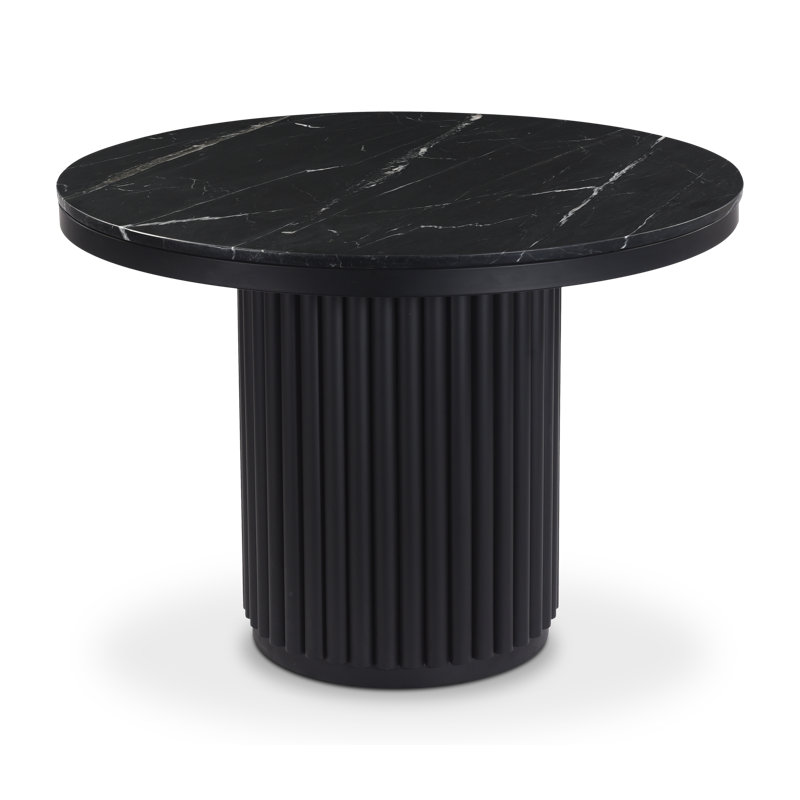 Ione Round Marble Top Metal Base Dining Table, Black Marble/Black
