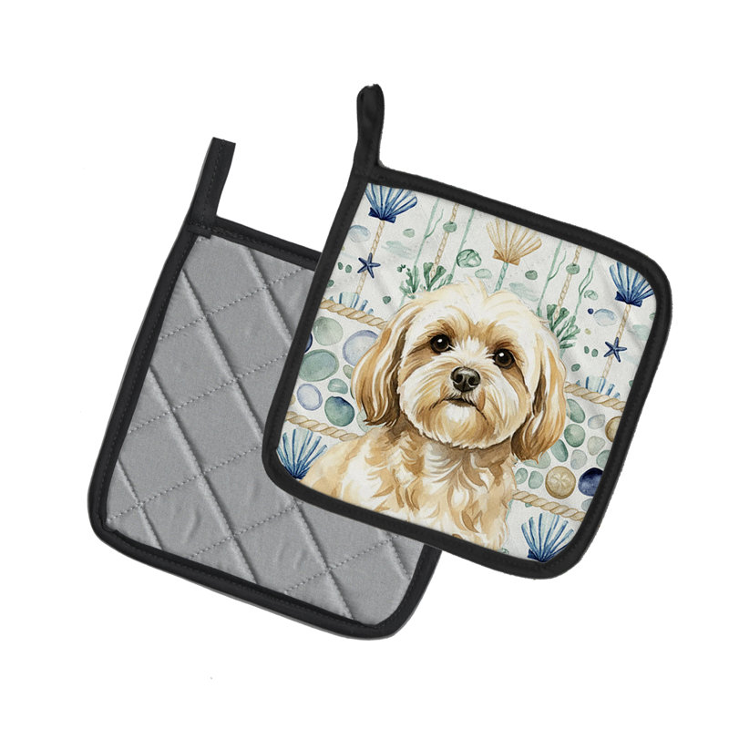 Paire de poignées en verre crème Lhasa Apso