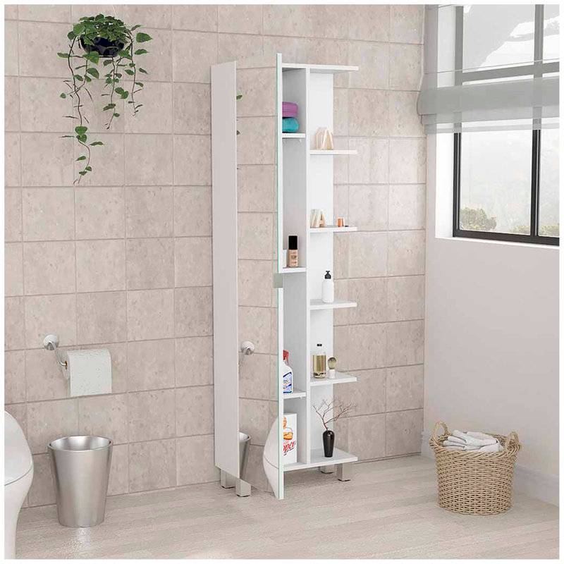 Mirror Linen Cabinet, Four Interior Shelves, Five External Shelves, White