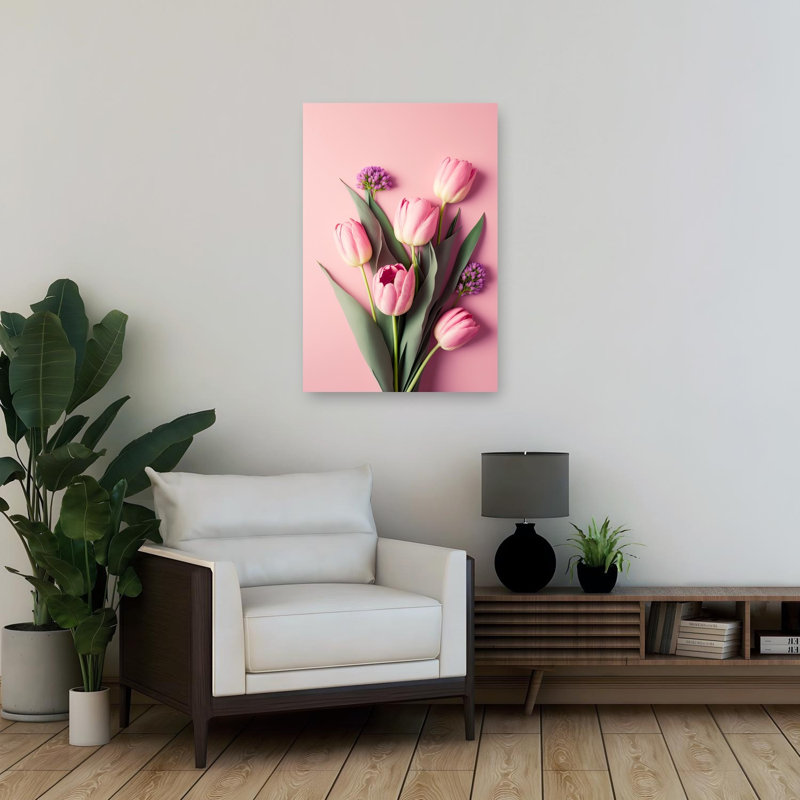 Tableau abstrait contemporain représentant un paysage de tulipes onirique, H 36 po x l 24 po