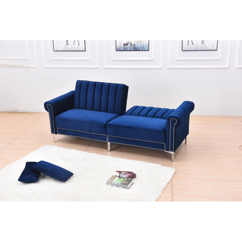 Ermera 85" Velvet Round Arm Sleeper Sofa, Blue