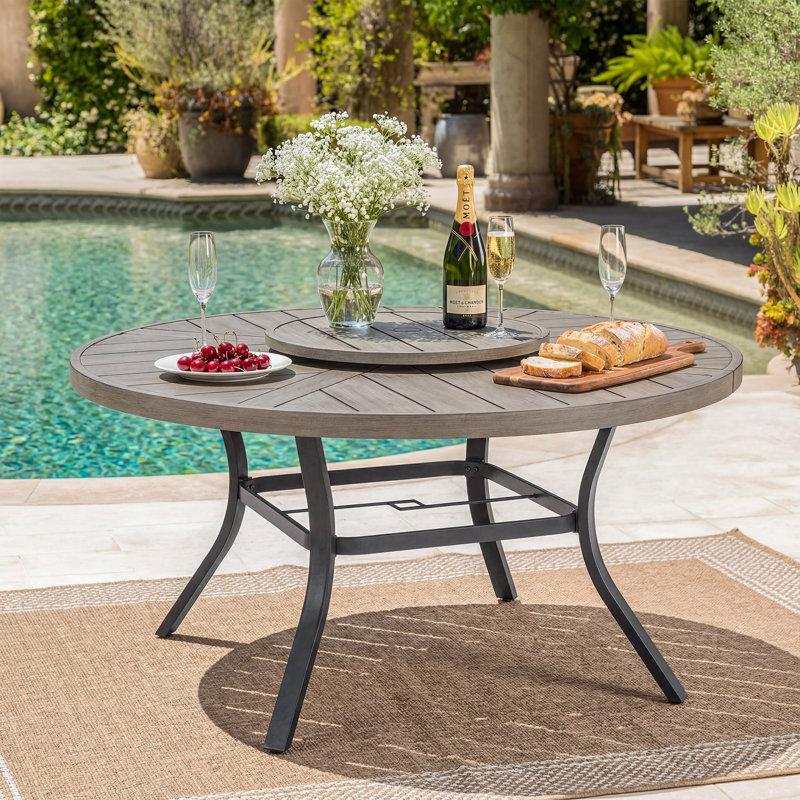 Patio Aluminum Round 60" Dining Table With Removable Lazy Susan and Umbrella Hole for 6 Person