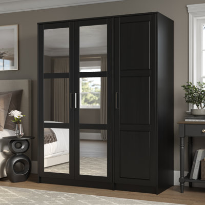 100% Solid Wood Swedesboro 3-Door Wardrobe Armoire with Mirrored Doors, Hanging Rod & Adjustable Shelves – Bedroom Closet Storage Cabinet