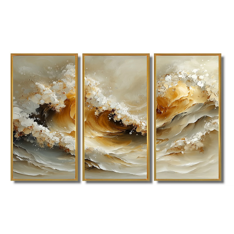 Gris et blanc, vagues océaniques en spirale III - art mural sur toile transitionnel - 3 panneaux, H 28 po x l 36 po, Doré