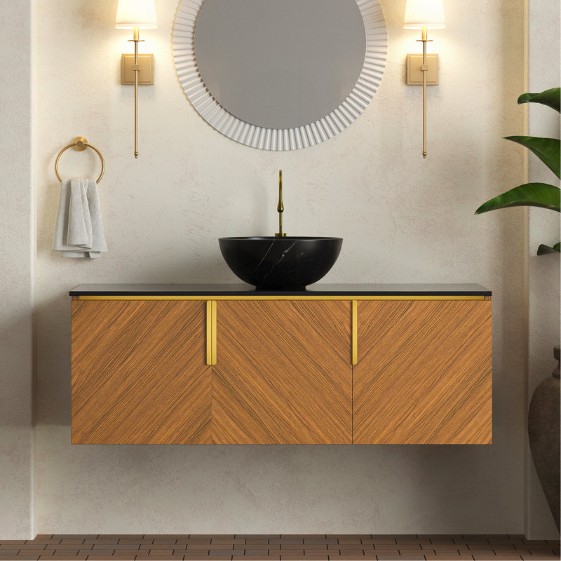 Meuble-lavabo 48 po, armoire de rangement flottante en contreplaqué avec 3 portes, comptoir en pierre frittée noire et cuve en céramique noire avec motif de pierre, couleur grain de bois de chêne brun