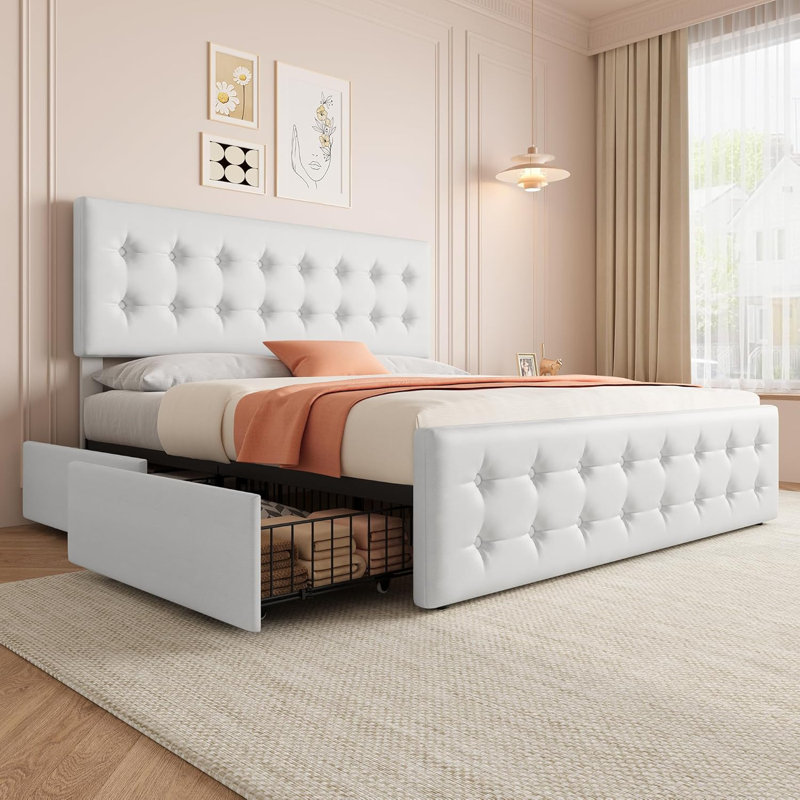 King Size Bed Frame with 4 Storage Drawers and Headboard Faux Leather Upholstered Platform Bed Frame with Wooden Slats Support Button Tufted Design No Box Spring Needed White