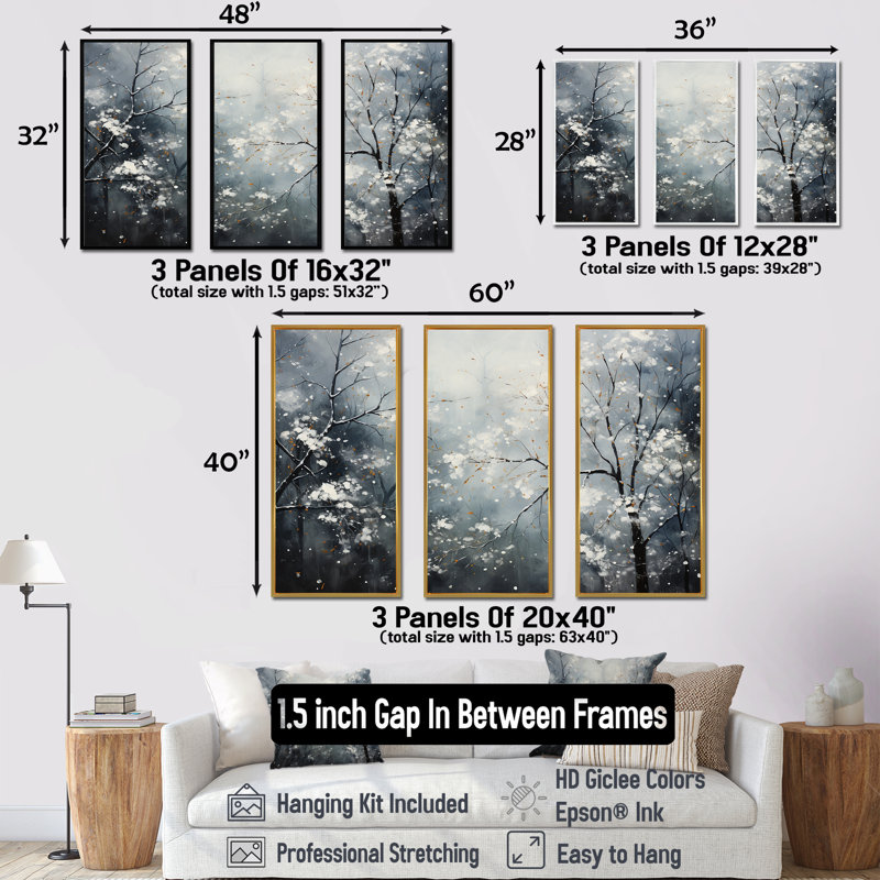Ensemble de salon Winter Wall Minimal Landscape - Snow Wall Art, Cadre flottant doré, H 32 po x l 48 po x P 1 po