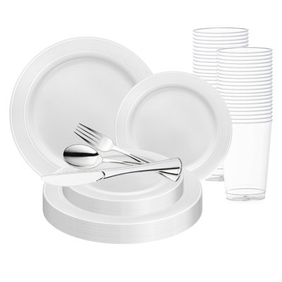 Ensemble de 30 pièces en plastique blanc avec bordure argentée pour mariage