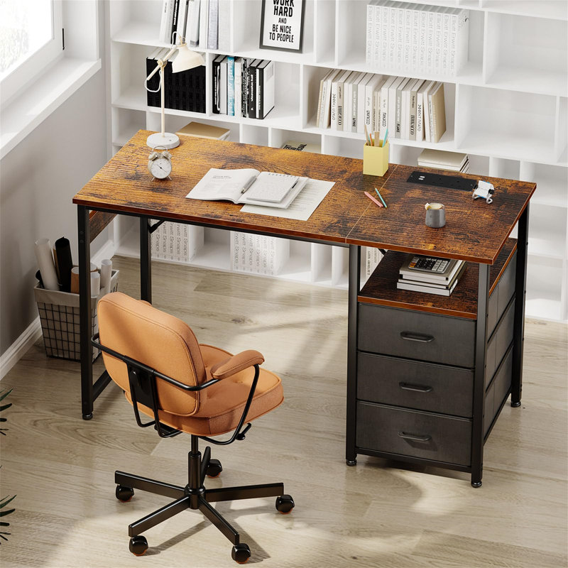 Metal Base Computer Desk with Power Outlet, Brown/Black