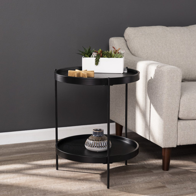 Table de bout ronde 24 "en bois manufacturé et fer noir avec tablette