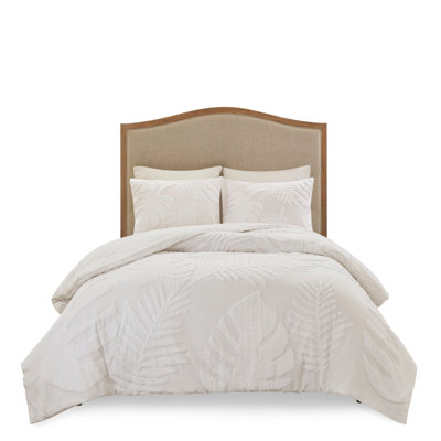 3 Piece Tufted Cotton Chenille Palm Comforter Set Off-White