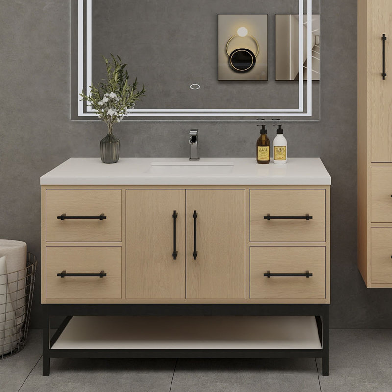 Meuble-lavabo mural avec lavabo et support en acrylique renforcé Victoria, Chêne jaune