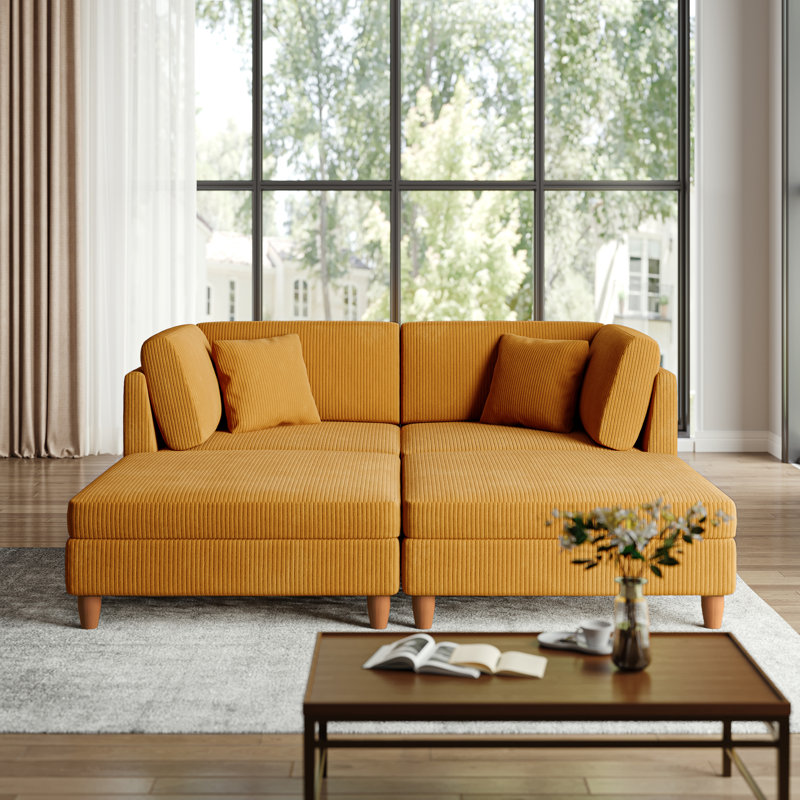 Seemab 4 - Piece Upholstered Orange Corduroy Modular Sectional with Pillow Back and Removable Ottoman, Orange