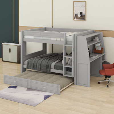 Lit superposé double avec bureau et lit gigogne