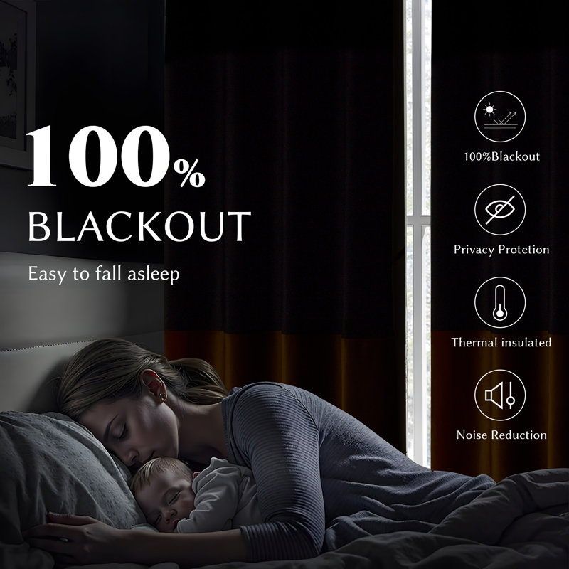 100% Blackout Velvet Liner Curtains for living room bedroom Thermal Drapes Panels (set of 2), 52" W x 84" L, Black/Gold