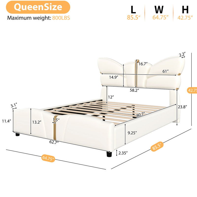 Structure de grand lit en tissu d'ameublement en cuir PU beige, tête de lit papillon et décorations en métal doré, bois massif, sans sommier, installation rapide