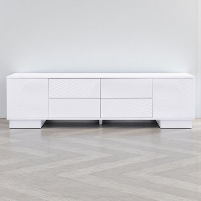 Meuble télé pour téléviseur de 75 po ou moins, console de rangement élégante, façades géométriques texturées, moderne minimaliste, divertissement dans le salon