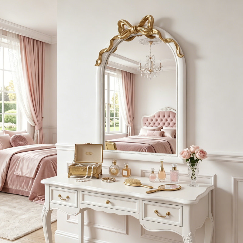 24“x*36" French Country Round Vanity Mirror, Cream & Gold Bow Framed Mirror for Nursery, 36" x 24", White/Gold