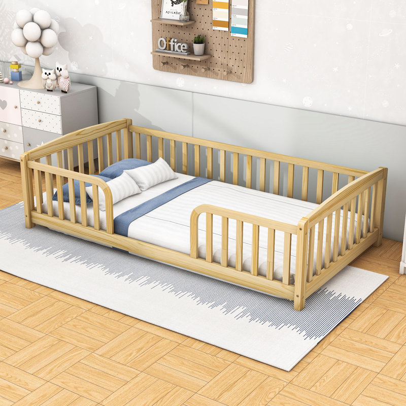 Lit en bois avec garde-corps, Naturel, Lit simple