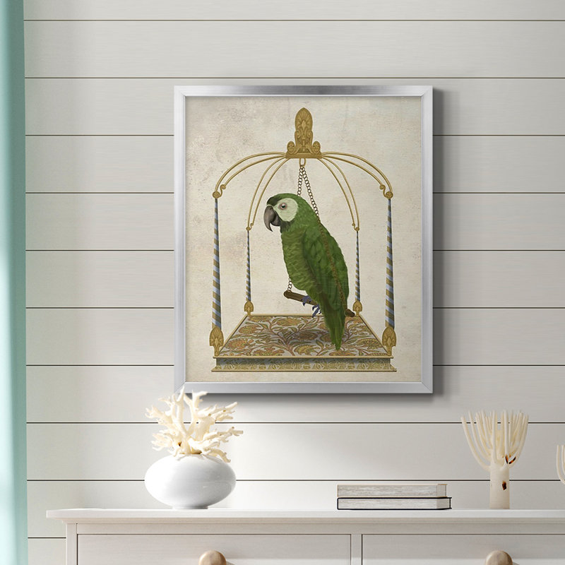 Perroquet vert sur toile avec cadre de qualité supérieure - prêt à être accroché, Argent, H 24 po x l 20 po