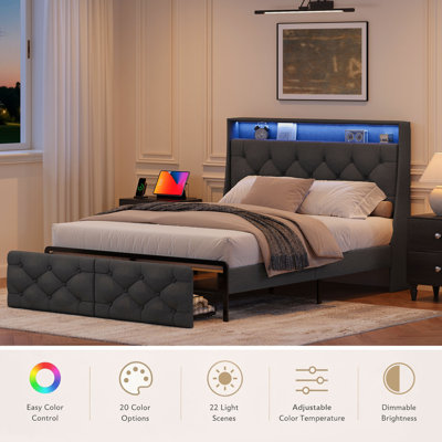 Linen Upholstered Queen Bed Frame with 2 Drawers, Platform Bed with Tufted Wingback Headboard & LED Lighting