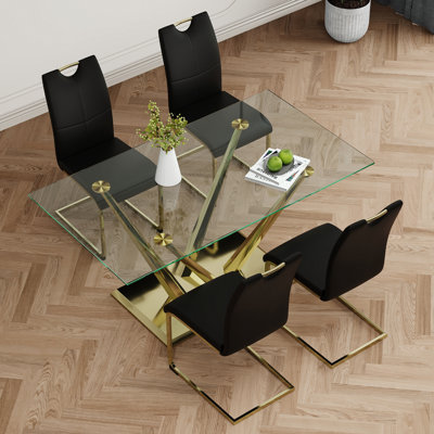 5-piece dining table set with glass table top and stainless steel base